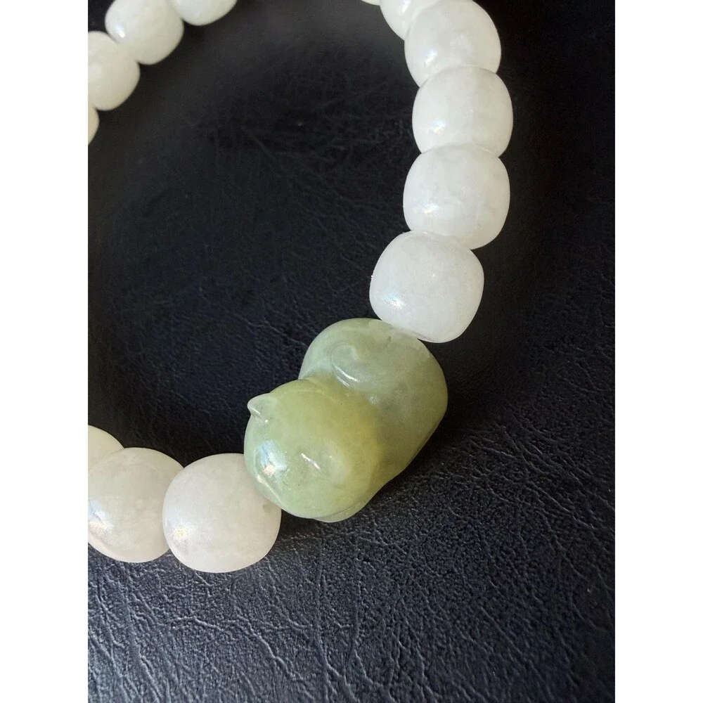 White Icy Jade Barrel Bracelet with Natural Green Jade Cat Charm Untreated Jade